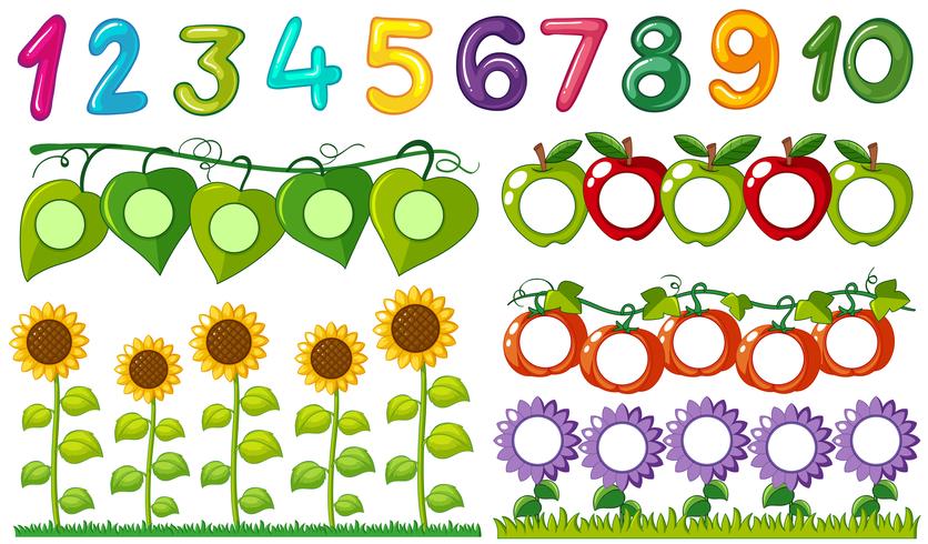 Number one to ten with leaves and flowers frames vector