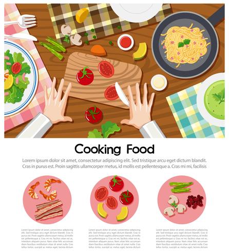 Cocinar cartel de comida con diferentes ingredientes en mesa. vector