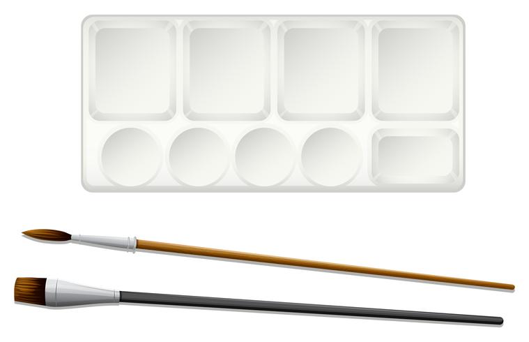 A topview of the paintbrushes and an ink tray vector