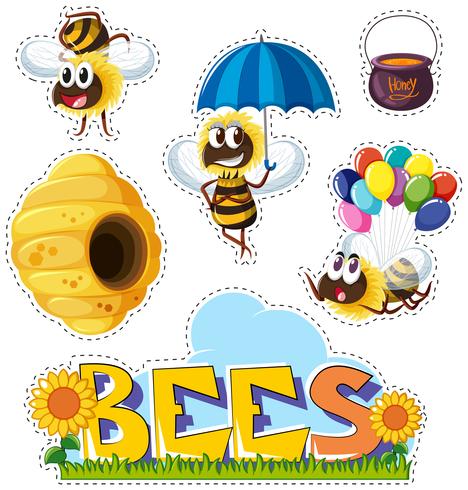 Sticker design with bees and beehive vector