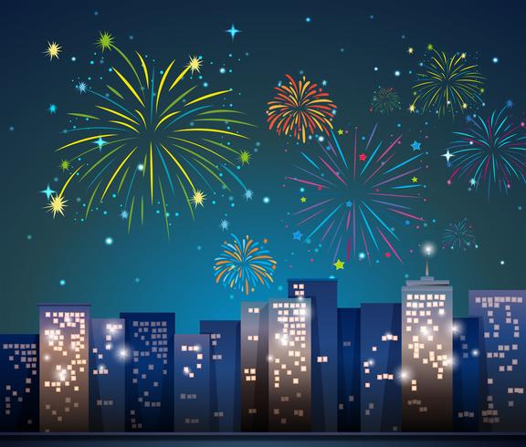 City scene with fireworks at night vector