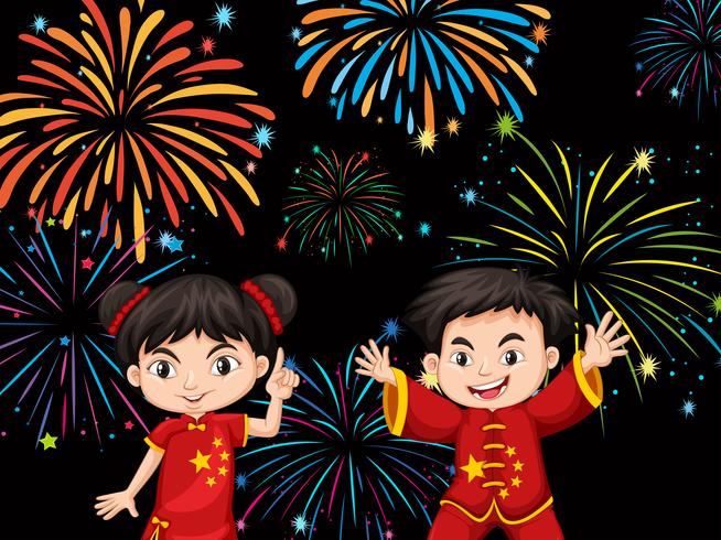 Dos niños chinos con fondo de fuegos artificiales vector