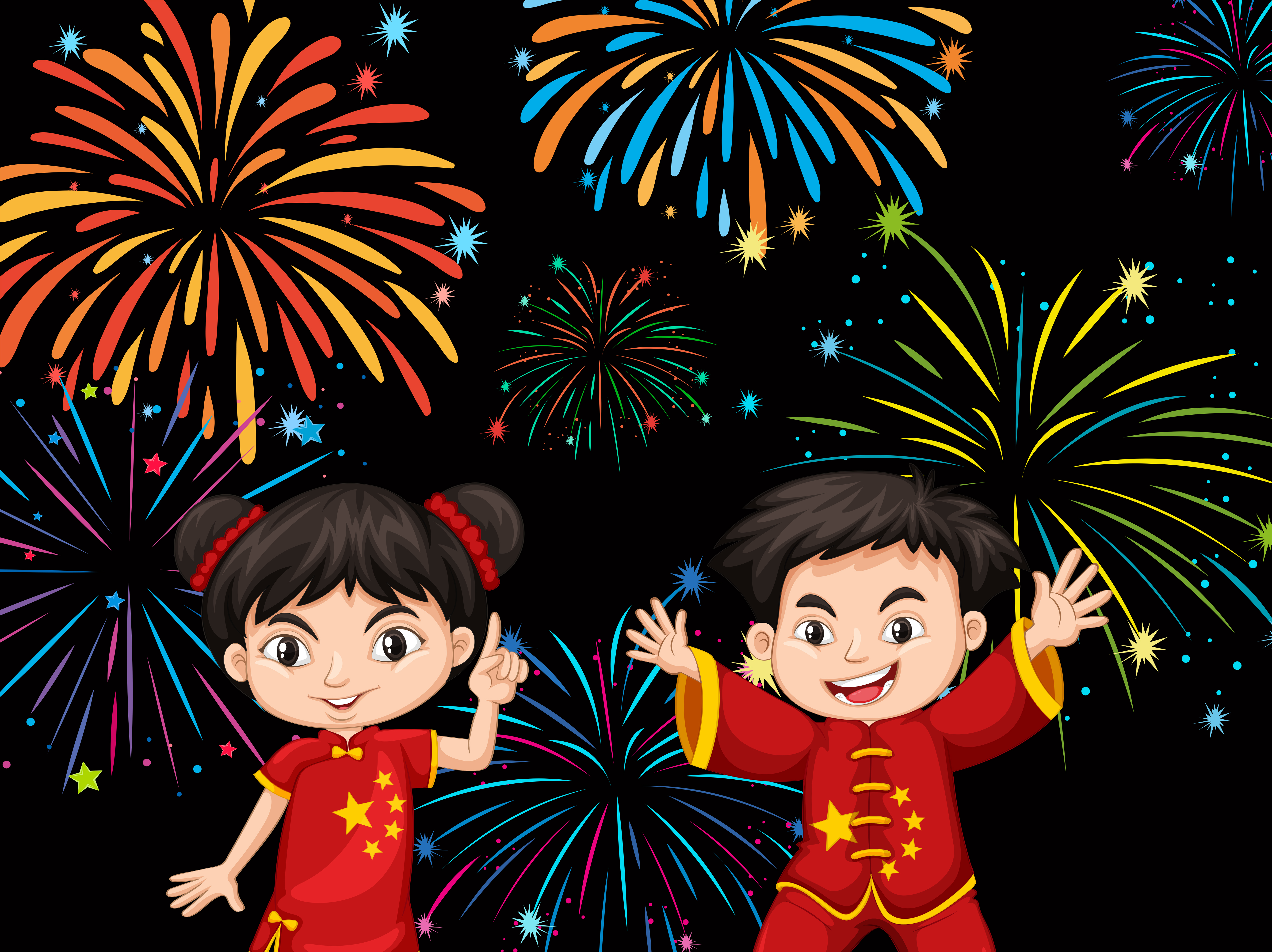 Two Chinese kids with firework background 448528 Vector Art at Vecteezy