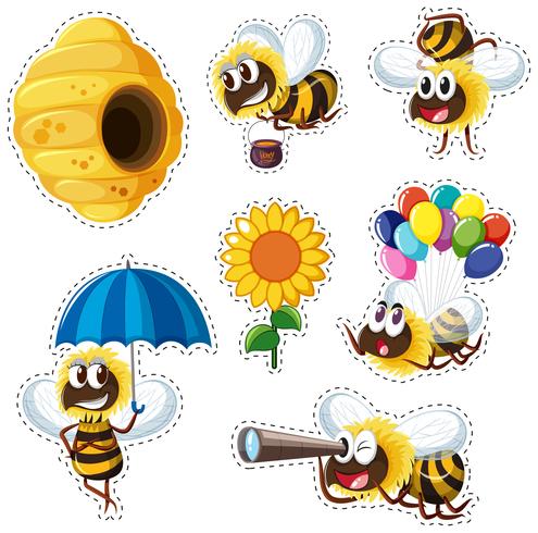 Sticker design with beehive and many bees vector
