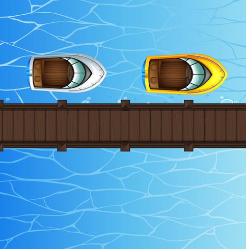 Two speed boats floating by the bridge vector