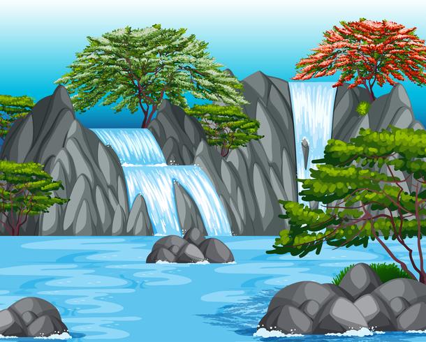 Escena de fondo con cascada y arboles vector