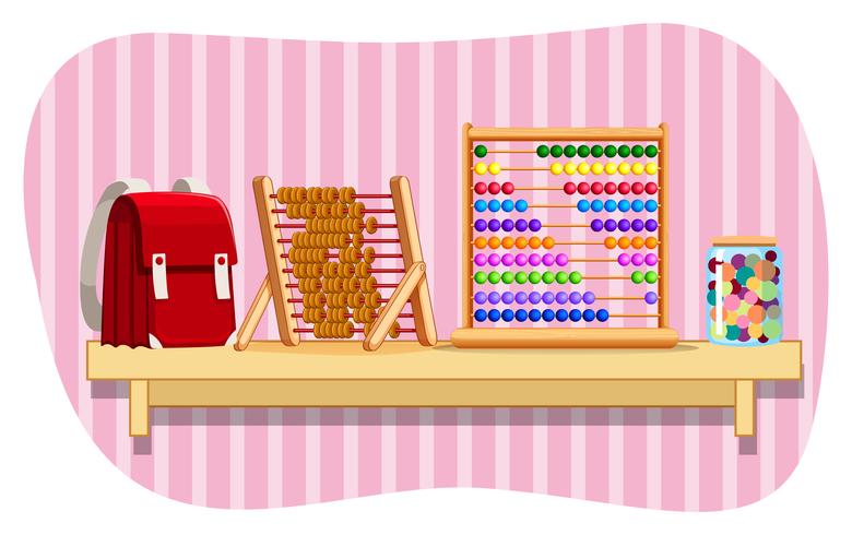 Schoolbag and abacus on shelf vector