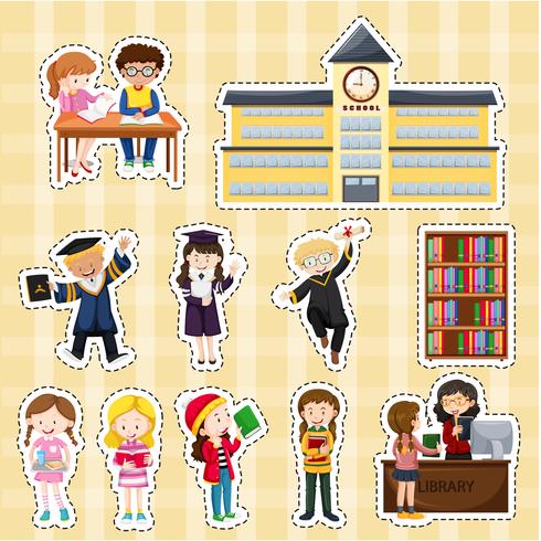 Sticker design with students and school building vector