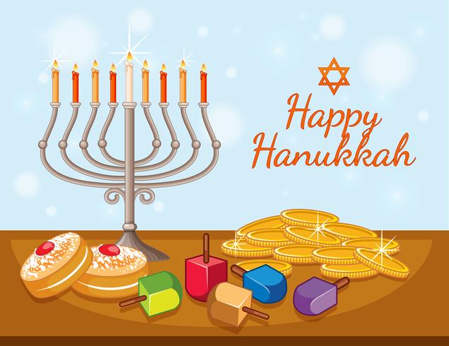 Plantilla de tarjeta de feliz Hanukkah con velas y monedas vector