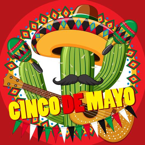 Plantilla de tarjeta de Cinco de Mayo con cactus y guitarra. vector