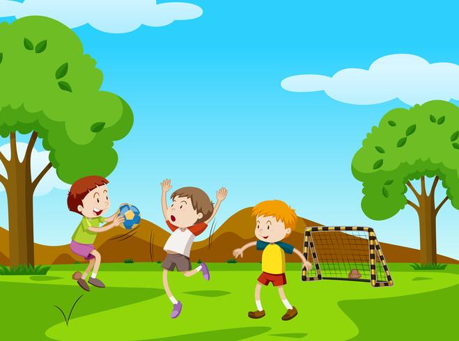 Three boys playing ball in the park vector