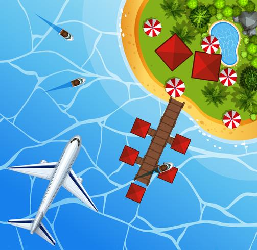 Ocean view from the top with airplane in sky vector