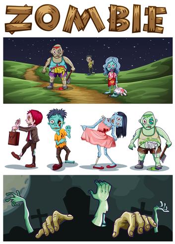 Zombie theme with zombies walking in the park at night vector