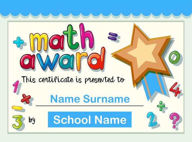 Certificate template for math award with golden star vector