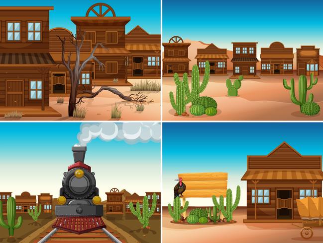 Cuatro escenas occidentales con edificios y tren. vector