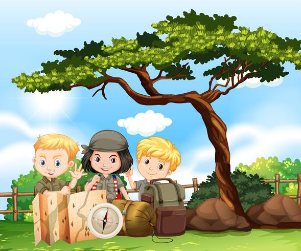 Three kids camping out in the park vector