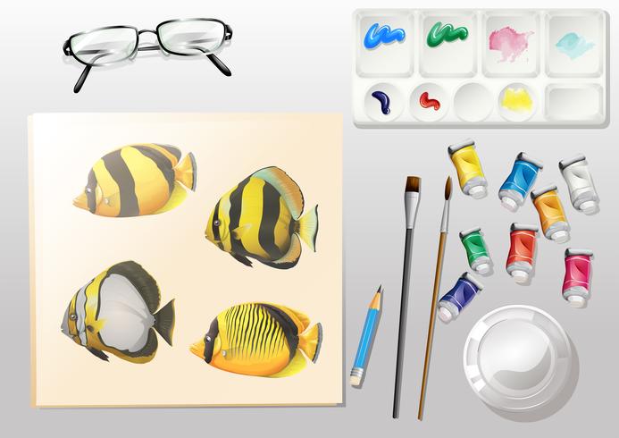 A topview of a painting and the different painting materials vector