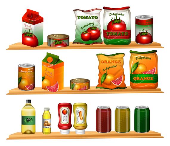 Food in different packages on shelves