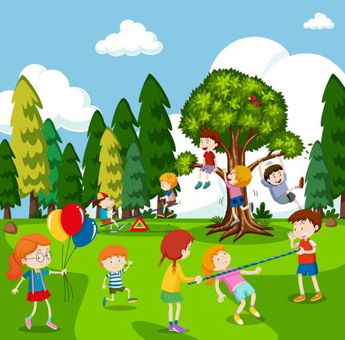 Many children playing games in park vector