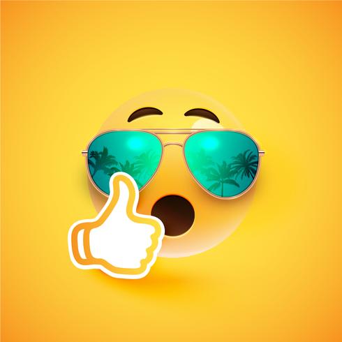 Realistic emoticon with sunglasses and thumbs up, vector illustration