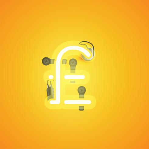 Yellow realistic neon character with wires and console from a fontset, vector illustration