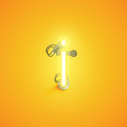 Yellow realistic neon character with wires and console from a fontset, vector illustration