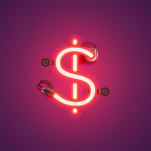 Red realistic neon character with wires and console from a fontset, vector illustration