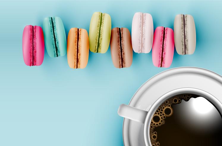 High detailed colourful macarons on blue background with a cup of coffee, vector illustration