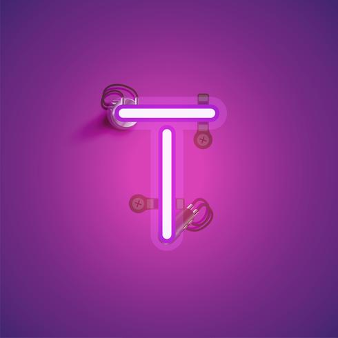 Pink realistic neon character with wires and console from a fontset, vector illustration