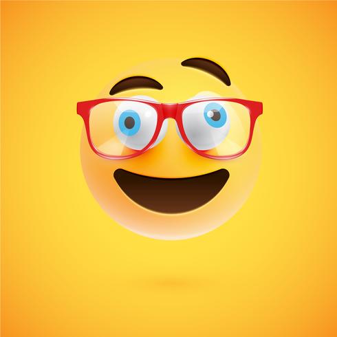 3D yellow emoticon with eyeglasses, vector illustration