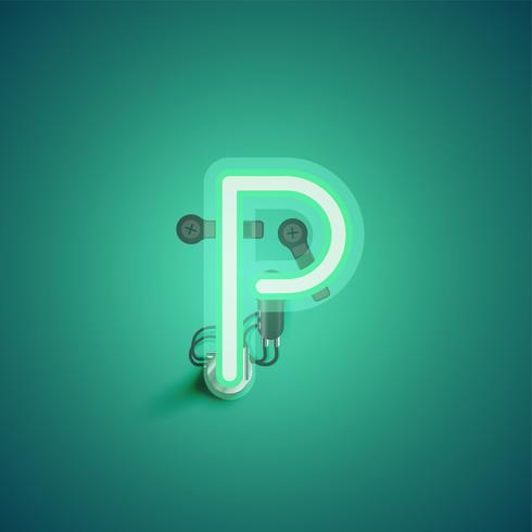 Green realistic neon character with wires and console from a fontset, vector illustration