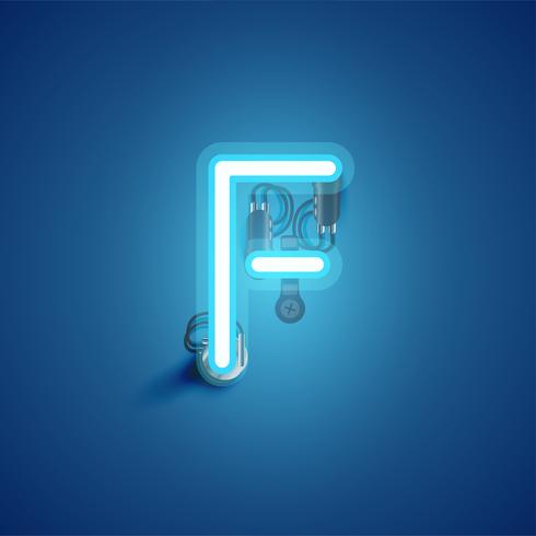 Blue realistic neon character with wires and console from a fontset, vector illustration