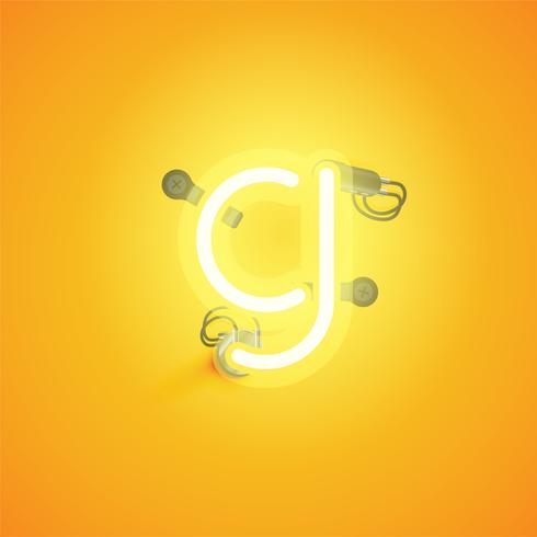 Yellow realistic neon character with wires and console from a fontset, vector illustration