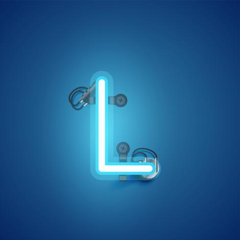 Blue realistic neon character with wires and console from a fontset, vector illustration