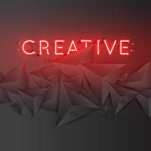 Neon word with abstract dark 3D triangles, vector illustration