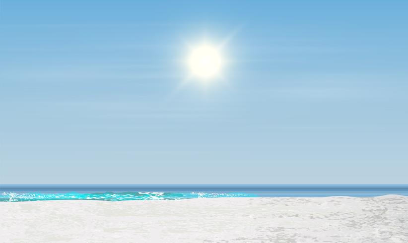 Paisaje realista de una playa con puesta de sol / amanecer, ilustración vectorial vector
