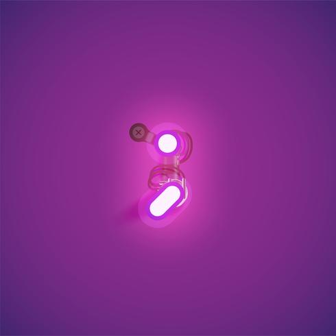 Pink realistic neon character with wires and console from a fontset, vector illustration