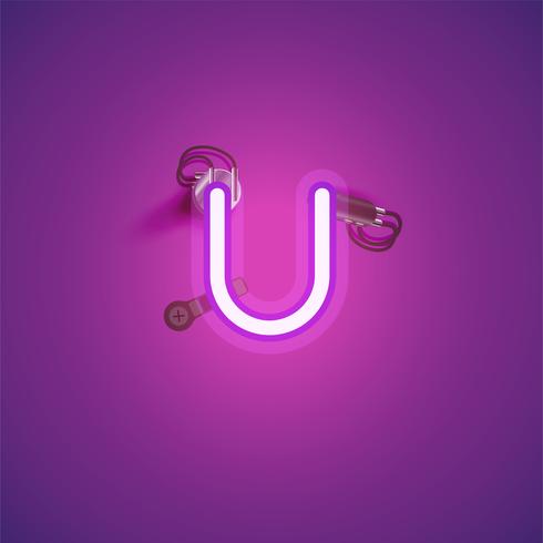 Pink realistic neon character with wires and console from a fontset, vector illustration