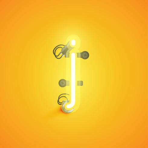 Yellow realistic neon character with wires and console from a fontset, vector illustration