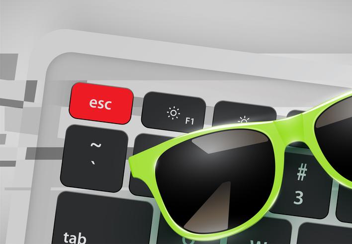 Gafas de sol realistas altamente detalladas en el escritorio con teclado, ilustración vectorial vector