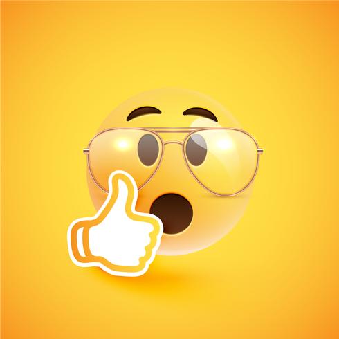 Realistic emoticon with eyeglasses and thumbs up, vector illustration