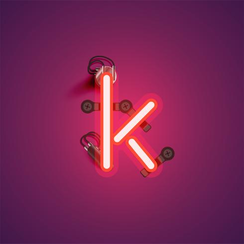 Red realistic neon character with wires and console from a fontset, vector illustration