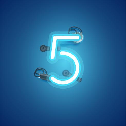 Blue realistic neon character with wires and console from a fontset, vector illustration
