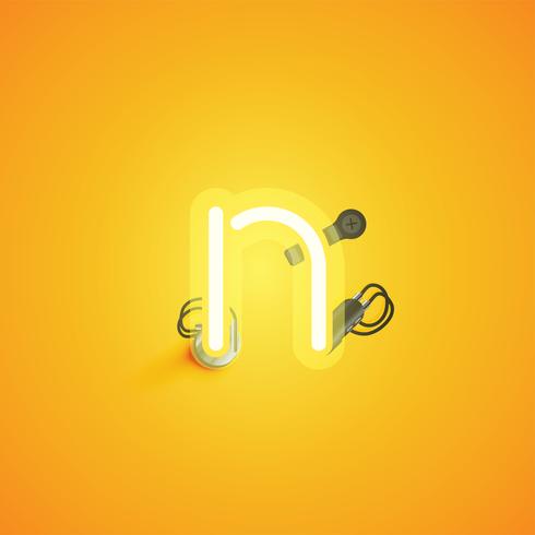 Yellow realistic neon character with wires and console from a fontset, vector illustration