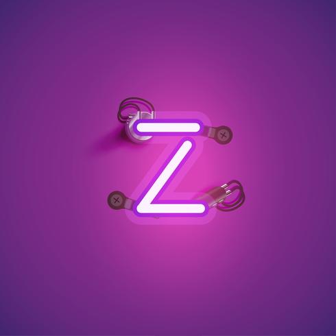 Pink realistic neon character with wires and console from a fontset, vector illustration