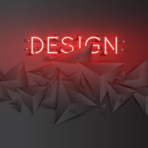 Neon word with abstract dark 3D triangles, vector illustration