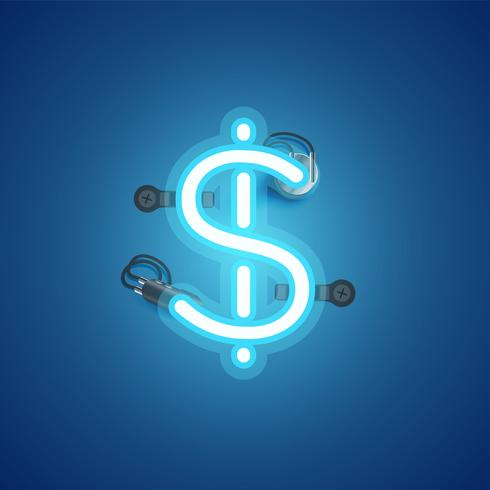 Blue realistic neon character with wires and console from a fontset, vector illustration