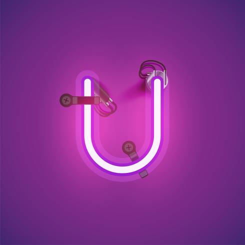 Pink realistic neon character with wires and console from a fontset, vector illustration