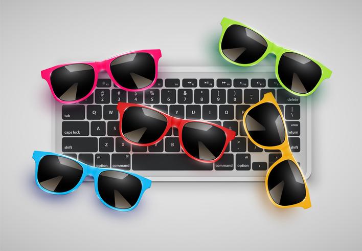 Gafas de sol realistas altamente detalladas en el escritorio con teclado, ilustración vectorial vector