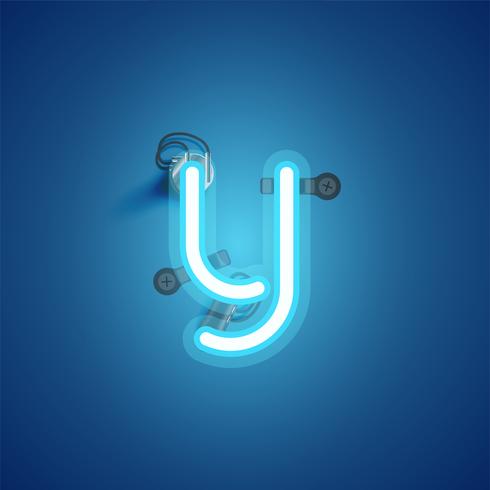 Blue realistic neon character with wires and console from a fontset, vector illustration